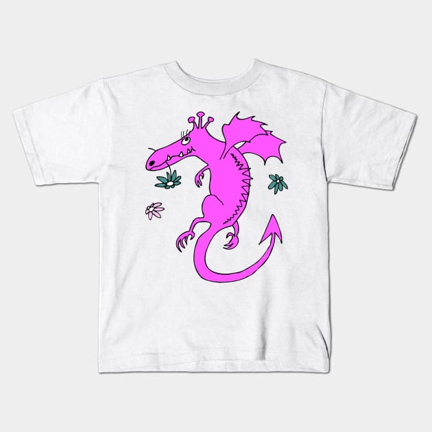 cute happy dragon in pink with flowers Kids T-Shirt by kobyakov